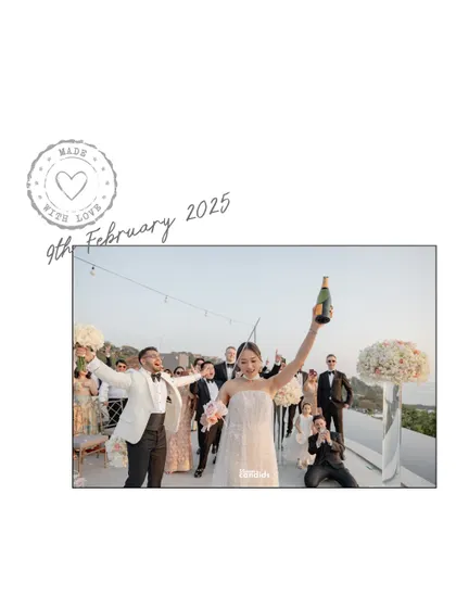 A fun, celebratory shot of the couple making their entrance at the reception, champagne in hand, ready to party with their loved ones.