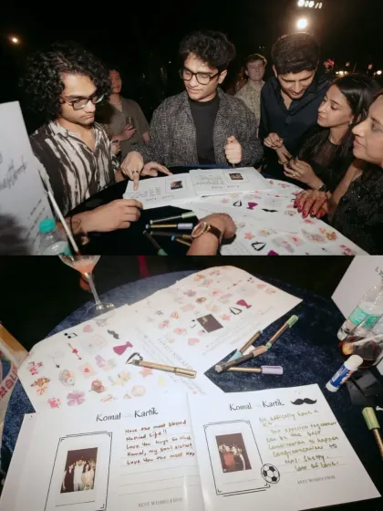 A DIY scrapbook station at a Goa wedding. It’s a wonderful way for guests to leave personal messages and polaroids, creating a tangible book of memories from a beautiful destination event.