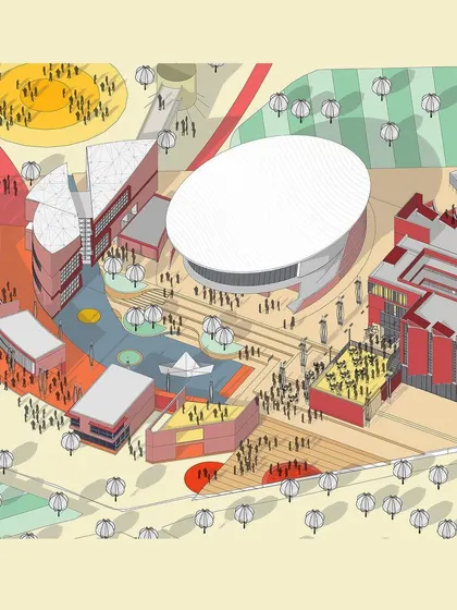 A colorful, exploded axonometric diagram of our Centre for Excellence proposal. This visual explains the programmatic distribution and spatial strategy of the campus master plan.