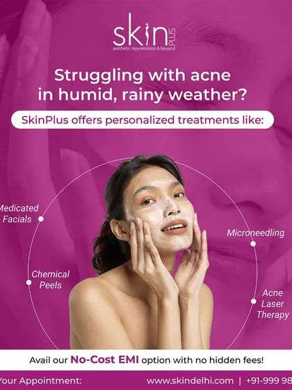 This graphic addresses the common issue of acne flare-ups in humid weather. It highlights my personalized treatments like Medicated Facials, Chemical Peels, Microneedling, and Acne Laser Therapy.