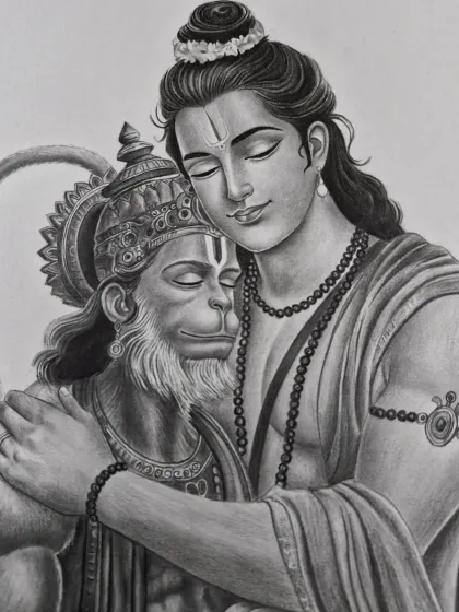 A touching portrait of Lord Ram and his devotee Hanuman, showing a moment of divine connection and love.
