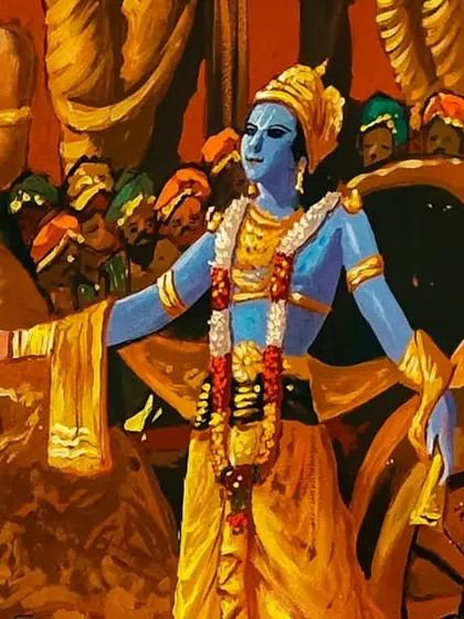 A closer look at Lord Krishna on his chariot from the Dwarka painting. This detail highlights his serene expression and open arms as he greets the citizens of his kingdom.
