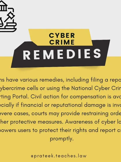 An essential guide to the remedies available for victims of cybercrime. The post explains that options include filing a report with cybercrime cells or the National Cyber Crime Reporting Portal, and pursuing civil action for financial or reputational damage.