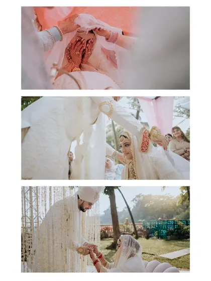 A collage of intimate Nikaah rituals. These shots, taken through veils and curtains, emphasize the sacred and personal nature of the ceremony.