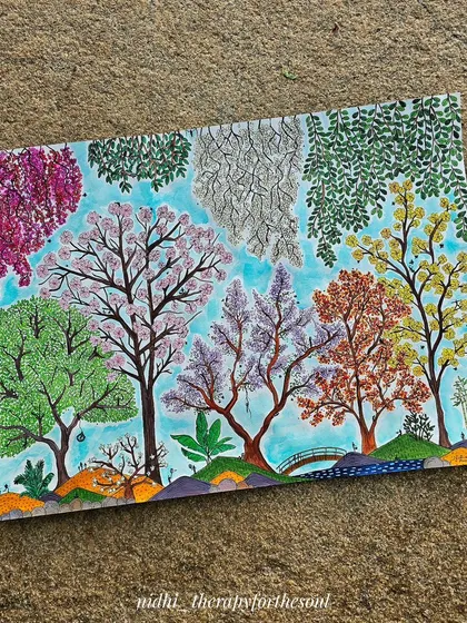 Inspired by the beautiful spring blooms of Bangalore, this painting is a tribute to my city. It captures the variety of trees like Jacaranda and Gulmohar, filled with tiny details of life enjoying nature.