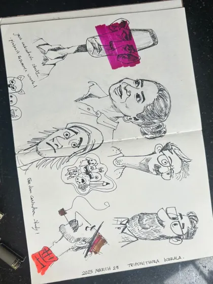 A page from my sketchbook filled with random doodles and character ideas. This is where many of my creative projects begin.