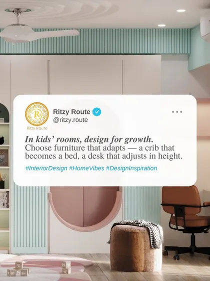 In kids' rooms, we design for growth. This image highlights our philosophy of choosing adaptable furniture, set against a backdrop of soothing mint green and playful pink accents.