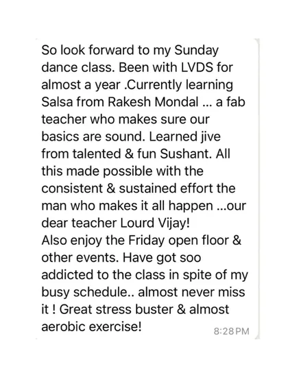 Dr. Sharon Dias, who has a very busy schedule, calls our classes her "great stress buster." She loves the Friday open floor and has gotten addicted to her classes.