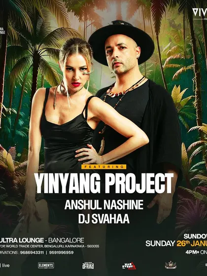 A poster for a Republic Day sundowner featuring the Yin-Yang Project. The design uses jungle and tropical motifs to create a unique, organic vibe for the event.