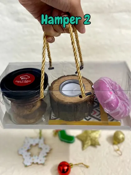 This hamper option includes a wooden phone stand along with other handmade goodies.