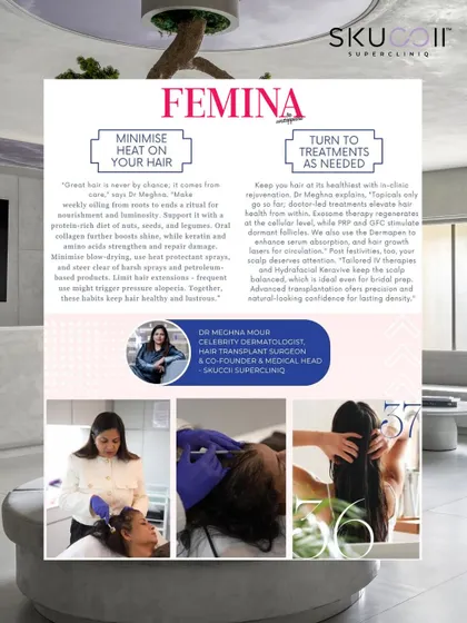 I was thrilled to be featured in Femina magazine, sharing my expert tips on maintaining hair and skin health during the festive season. This feature covers everything from minimizing heat damage to essential in-clinic treatments for a lasting glow.