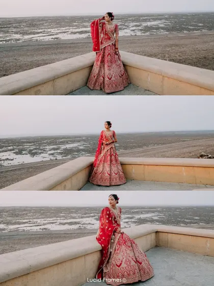 A triptych showing the bride in her red lehenga against the vast sea, capturing her from different angles and showcasing the grandeur of the location.