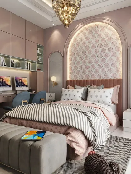 This version of the princess room is designed for two, with a shared, long desk and two computers, showing how we can adapt designs for shared spaces.