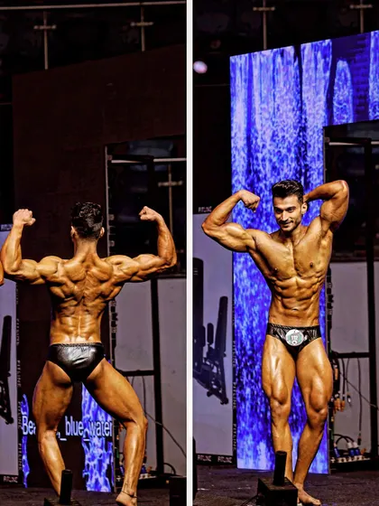 A comparison of my front and back poses on stage. A complete physique requires balance and symmetry, which is a core focus in my training programs.
