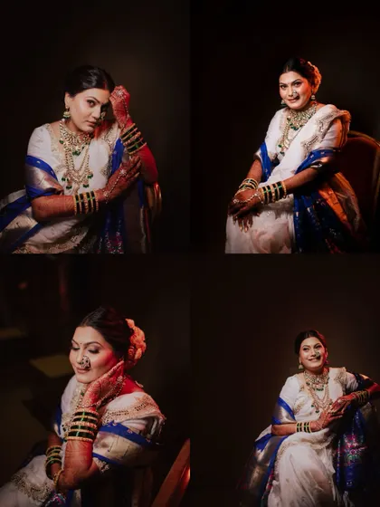 A collage of beautiful and candid bridal portraits, capturing different expressions and moods.