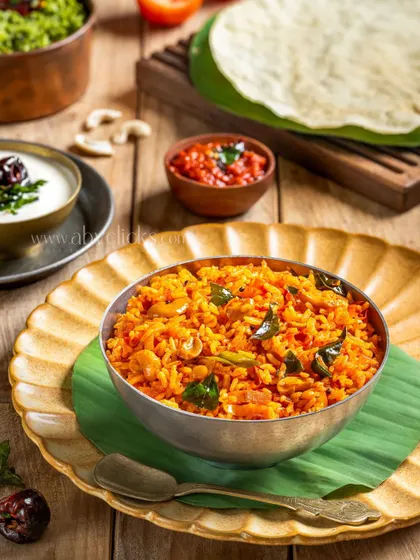 A bowl of tangy Tomato Rice, served in a traditional steel bowl on a banana leaf for an authentic touch.