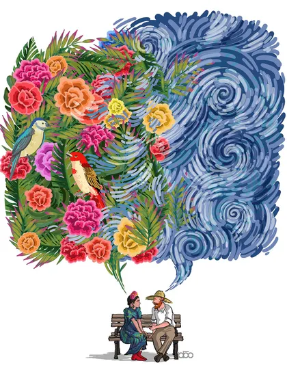 What would two of art's most passionate souls talk about? Here, I imagine a conversation between Vincent van Gogh and Frida Kahlo. Their dialogue isn't in words, but in the art that flows from them: Vincent's swirling sky meets Frida's vibrant flora, a visual representation of two unique worlds connecting.