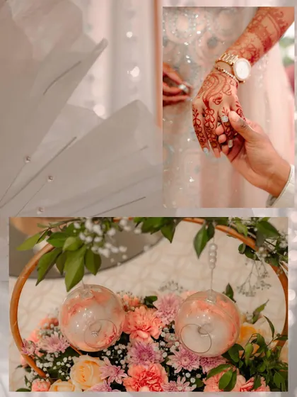 A collage of details from a ring ceremony, focusing on the rings, the decor, and the moment the couple holds hands.