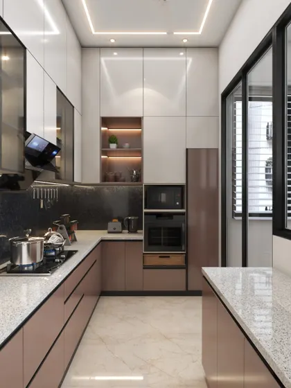 Another angle of the compact modular kitchen, showing the integrated oven and microwave tower and the connection to a small utility balcony.