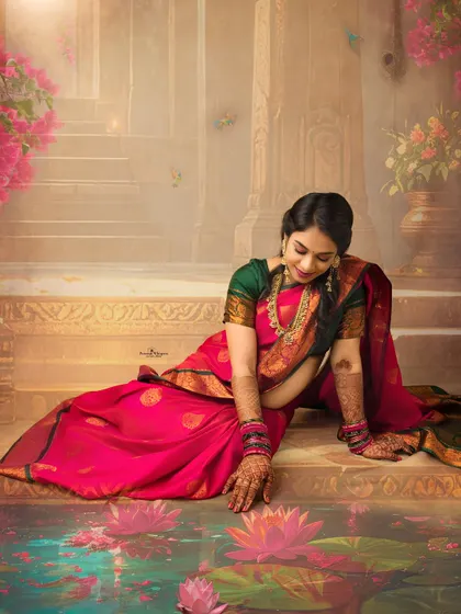A moment of serene reflection. The expectant mother, dressed in a vibrant pink saree, touches the water of a lotus pond in this beautifully crafted, artistic portrait that blends reality with a dreamlike setting.