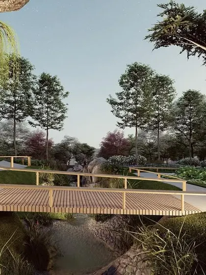 Nature is woven into the fabric of our master plans. A simple wooden bridge crosses a meandering stream in the central park of Ameeras, creating picturesque walking paths and encouraging residents to connect with the natural beauty integrated throughout the community.