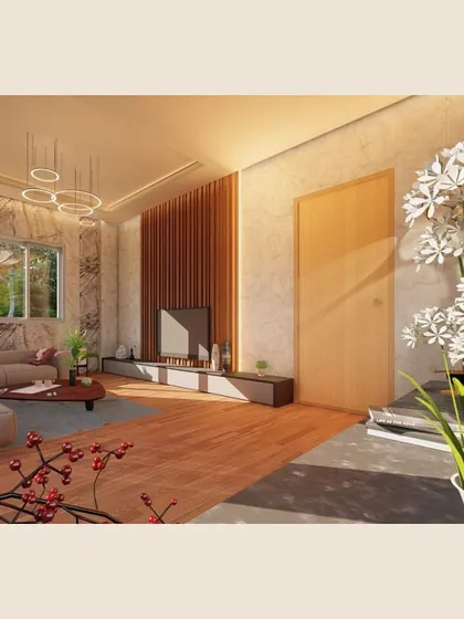 Here, I explored the intersection of aesthetics and functionality. This living room features warm wooden flooring, a comfortable sectional sofa, and a feature wall with stone texture, all illuminated by natural light from the large window.