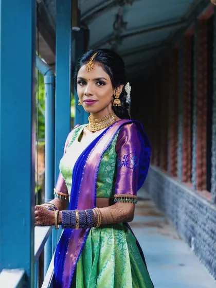 A full view of the colorful half-saree. I provide draping services to ensure the outfit looks perfect.