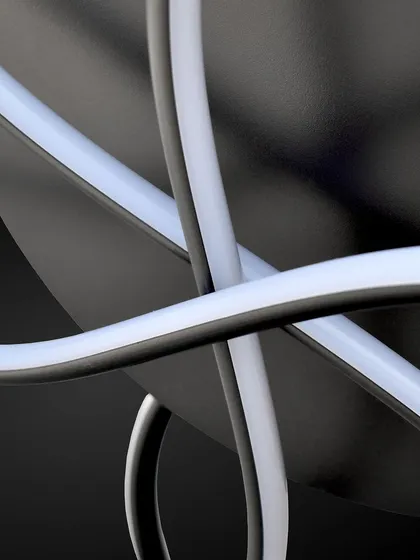 A close-up of the interlocking rings of the floret chandelier.