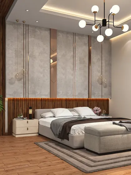 This bedroom combines concrete-finish panels with rich wood fluting for a modern industrial look. The pendant lights and plush bedding soften the space, making it a stylish and comfortable retreat.