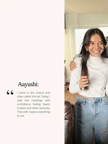 A quote from Aayushi about her personal growth and the shift from being "the kid" to a trusted, confident designer.