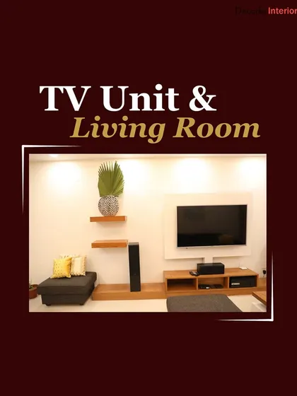 A minimalist living room design centered around the TV unit. The space includes floating shelves for decor and a sleek, low-profile media console, perfect for a clean and uncluttered look.