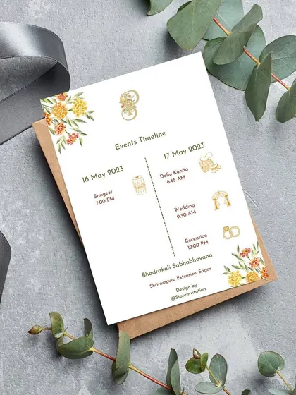 This is the event timeline card that accompanies the marigold-themed wedding invitation. It clearly lays out the schedule with simple icons, ensuring guests don't miss a single moment of the celebration.