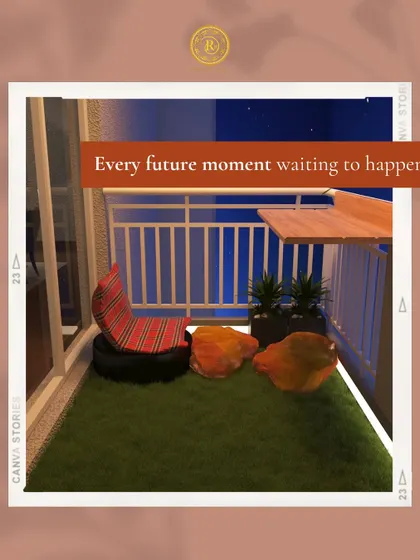 Every future moment is waiting to happen here. This cozy balcony setup with faux grass, low seating, and a railing bar table is perfect for quiet nights and deep conversations.
