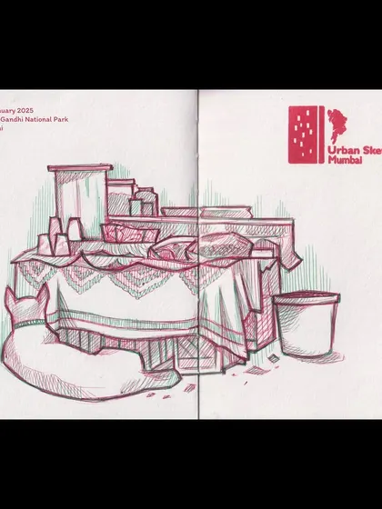 This sketchbook page documents a small food stall I found in the park, complete with a sleeping dog curled up at the base. These are the small, quiet moments I love to capture during my on-site sketching sessions.