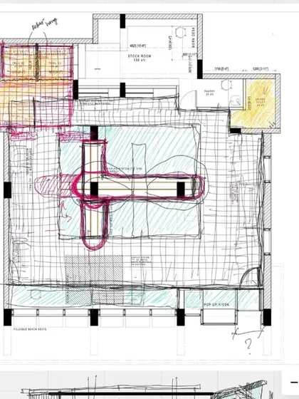 These are early layout explorations for the Capsul retail store. We use collaborative sketching sessions to quickly iterate on different spatial configurations, figuring out the best way to organize flow, display, and experience before committing to a final plan.