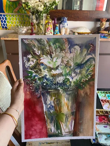 When there are fresh flowers at home, I have to paint them. This watercolor still life captures a bouquet in a glass vase, an exploration of light, reflection, and floral forms.