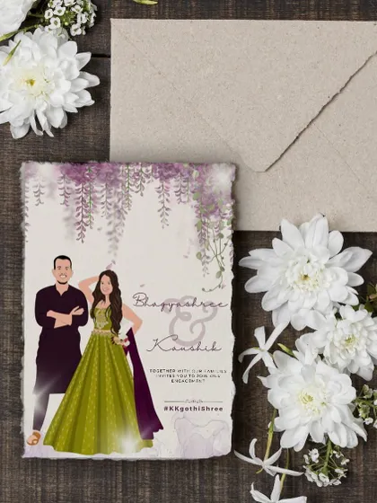 For another function, I created a different version of the invitation with a new illustration. This one shows the couple in their sangeet outfits, set against a backdrop of beautiful purple wisteria flowers.
