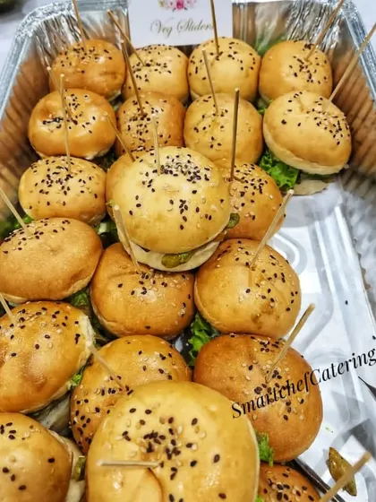 A tray of our delicious veg sliders, a perfect appetizer for a Thanksgiving dinner party.