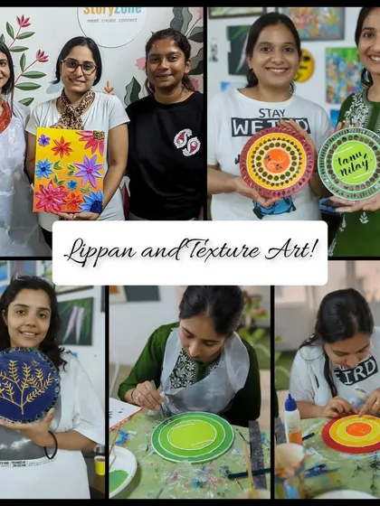 A collage from a Saturday workshop featuring Lippan and Texture Art. The smiles on our participants' faces say it all!