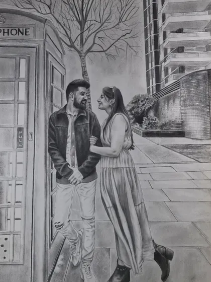 A full-length couple portrait, capturing a romantic moment. My sketches can include backgrounds and full figures to tell a bigger story.