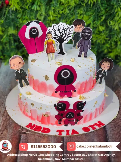 A thrilling two-tier Squid Game cake for Tia's 8th birthday. This custom design features all the iconic characters and symbols from the popular show.