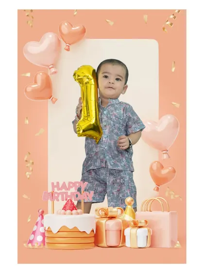 A digitally composed birthday portrait, placing the child in a festive scene with illustrated cakes, gifts, and balloons.