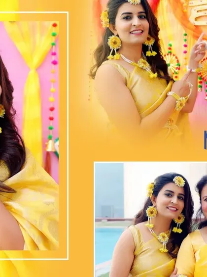 An album page showcasing the bride's beautiful floral jewelry and her radiant look during the Haldi ceremony.