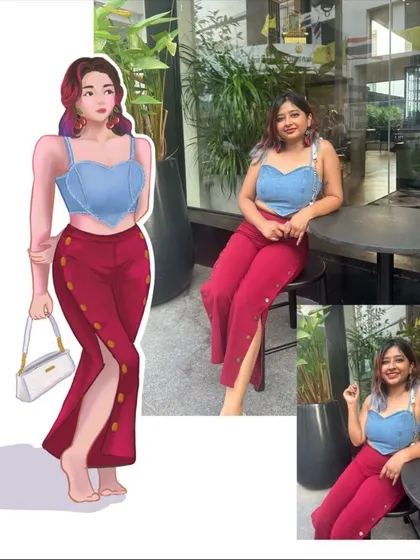 A city look from my bachelorette trip in Bangkok. The digital art captures the textures of the denim top and the unique button details on the pants.