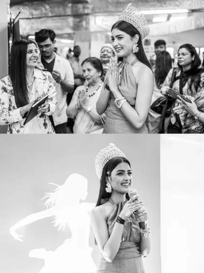 Miss India World Nikita Porwal greeting guests and speaking at the Women's Day event. These black and white shots highlight her grace and commitment to raising awareness for women's health.