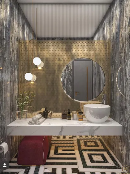 A powder room concept with dramatic marble walls, a floating vanity, and a bold geometric floor. The design is a study in contrasts and textures.