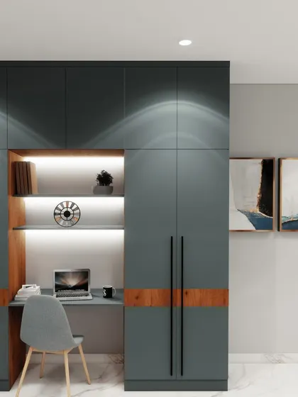 A sophisticated wardrobe design from a 3D render, featuring dark grey cabinets with a central wooden band and an integrated study desk.