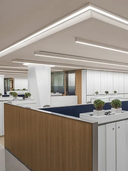 The workstation area in 'The Layered Office' features custom desks with wood-paneled dividers and integrated storage. We used hard vinyl flooring instead of carpet to brighten the space, which has a low ceiling height.