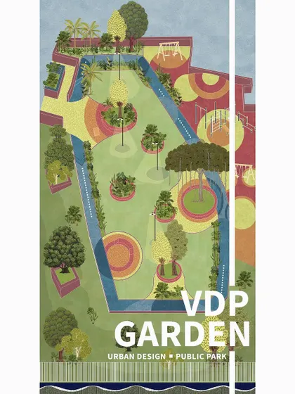 The proposed plan for VDP Garden, illustrating the layout of colorful pathways, play zones, and green spaces designed to revitalize the park.