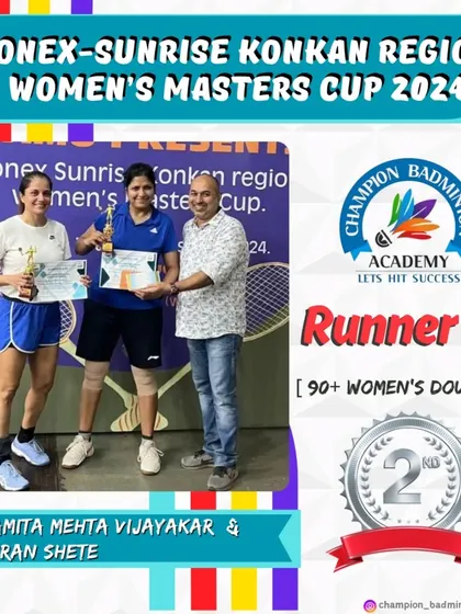 We congratulate our trainees Namita Mehta Vijayakar and Kiran Shete for securing the runner-up position in the 90+ Women's Doubles category at the Yonex Sunrise Konkan Region Women's Masters Cup.